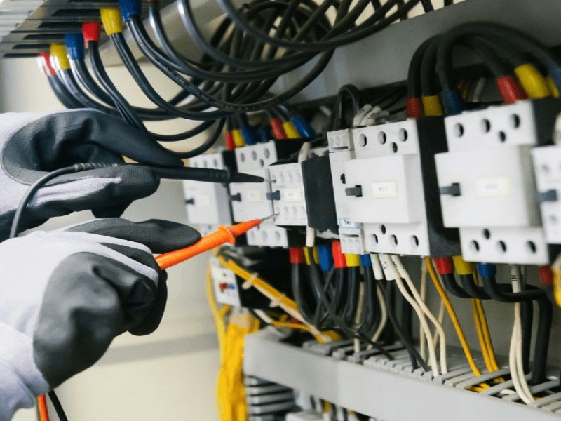 An electrician in gloves testing a switchboard with probes
